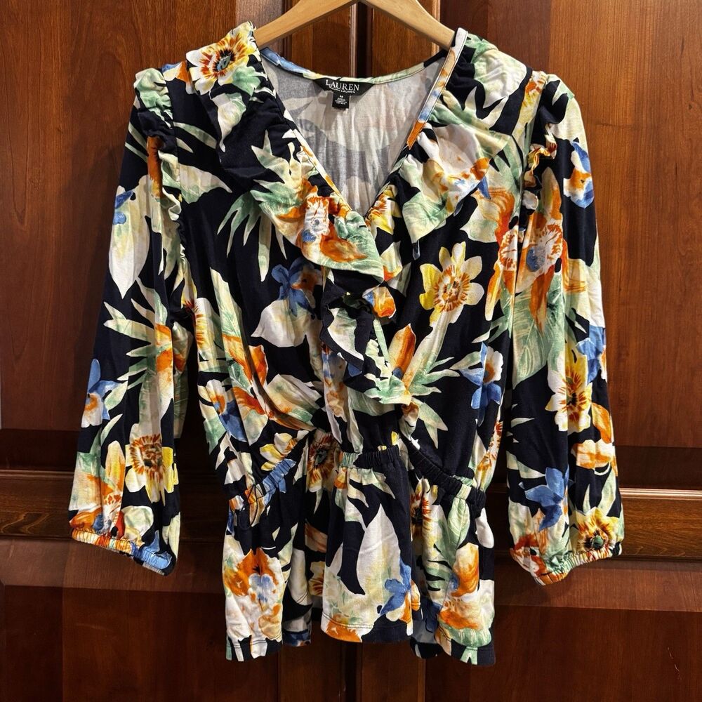 Lauren Ralph Lauren Floral Jersey Peplum Top Medium